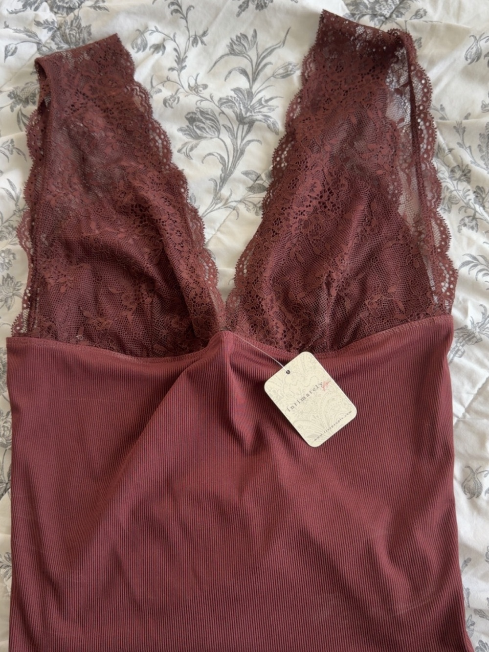 Free People Burgundy Lace-Trim Ribbed Bodysuit